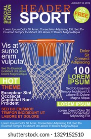 Sport Magazine Cover Template. Color Bright Vector Layout With Basketball Realistic Hoop