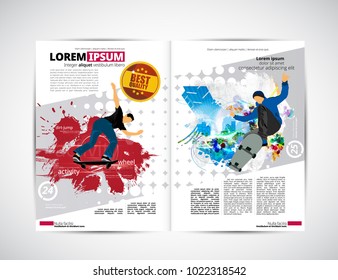 Sport magazine layout with skateboarder trick 