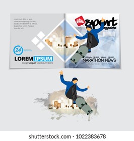 Sport magazine layout with skateboarder trick 