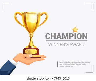 Sport Major Event Winner Champion Award Presentation Shining With Golden Trophy In Hand With Lettering Vector Illustration 