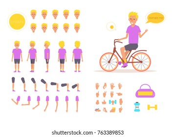 Sport man for animation. Poses front, rear, side, three quarter. Creation set. Collection of emotions. Vector. Cartoon. Isolated art on white background. Flat. Different positions of the hands