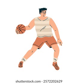 Sport with Man Character Play Basketball Engaged in Physical Activity Vector Illustration