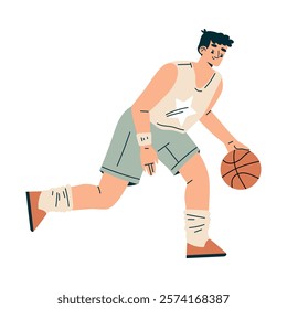Sport with Man Character Play Basketball Engaged in Physical Activity Vector Illustration
