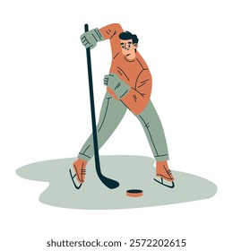 Sport with Man Character Play Hockey with Club Engaged in Physical Activity Vector Illustration