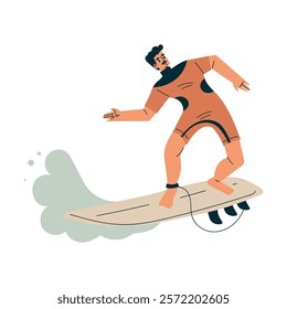 Sport with Man Character Ride Surfboard Engaged in Physical Activity Vector Illustration