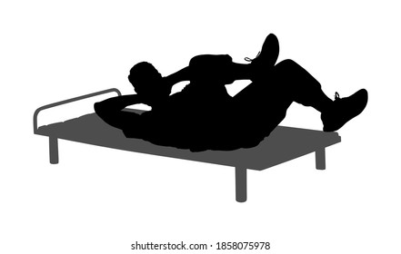 Sport man doing crunches vector silhouette isolated on white background. Fitness instructor demonstrated exercise. Personal trainer in gym.  Work out recreation. Healthy athlete boy outdoor activity