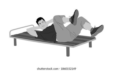 Sport man doing crunches vector illustration isolated on white background. Fitness instructor demonstrated exercise. Personal trainer in gym.  Work out recreation. Healthy athlete boy outdoor activity