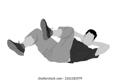 Sport man doing crunches vector illustration isolated on white background. Fitness instructor demonstrated exercise. Personal trainer in gym.  Work out recreation. Healthy athlete boy outdoor activity