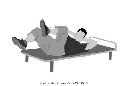 Sport man doing crunches vector illustration isolated on white background. Fitness instructor demonstrated exercise. Personal trainer in gym.  Work out recreation. Healthy athlete boy outdoor activity