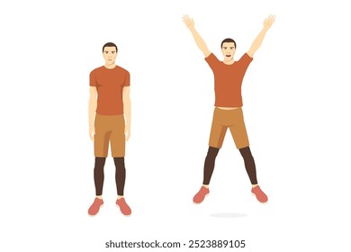 Sport man doing exercise with jumping jack pose for cardiovascular health and boosting your metabolism. Cartoon for Workout diagram about exercise posture to burn fat.