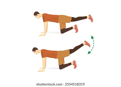 Sport man doing Straight Leg Donkey Kicks Exercise on the floor in 2 steps. Illustration about workout to target at leg, spine, and abdominal muscles.