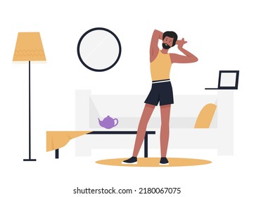 Sport man doing stretching exercise. Yoga practising, home workout program vector illustration