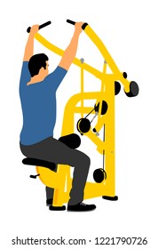 Sport man exercises in gym on fitness machine vector isolated on white background. Multi functional gym equipment. Pressure for chest, legs, arms and shoulders. Pulldown, stretching, worming activity.