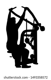 Sport man exercises in gym on fitness machine vector silhouette isolated on white. Multi functional gym equipment. Pressure for chest, legs, arms and shoulders. Pull down, stretching, worming activity