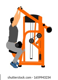 Sport man exercises in gym on fitness machine vector illustration isolated. Multi functional gym equipment. Pressure for chest, legs, arms and shoulders. Pull down, stretching, worming activity