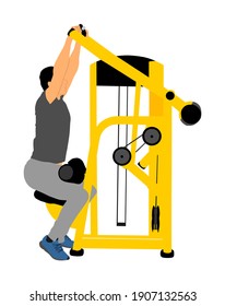 Sport man exercises in gym on fitness machine vector illustration isolated. Multi functional gym equipment. Pressure for chest, legs, arms and shoulders. Pull down, stretching, worming activity