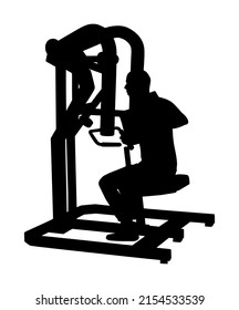 Sport man exercises in gym on fitness machine vector silhouette illustration isolated on white. Gym equipment. Pressure for chest, legs, arms and shoulders. Pull down, stretching, worming activity