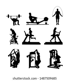 Sport man exercises on gym fitness machine vector silhouette. Pressure chest leg. Pull down stretching, worming up activity. Cardio bike. Cable Row jump rope skipping. Treadmill  boy girl run training