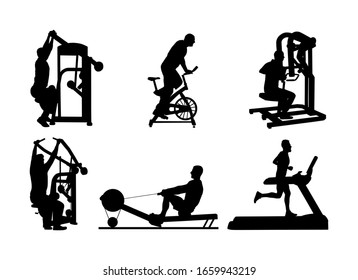 Sport man exercises on gym fitness machine vector silhouette. Chest legs pressure. Pull down stretching, worming up. Cardio bike. Cable Row male jump rope skipping. Treadmill run training. Running boy