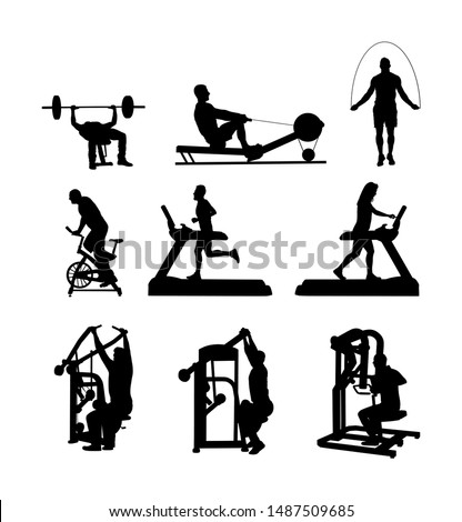 Sport man exercises on gym fitness machine vector silhouette. Pressure chest leg. Pull down stretching, worming up activity. Cardio bike. Cable Row jump rope skipping. Treadmill  boy girl run training