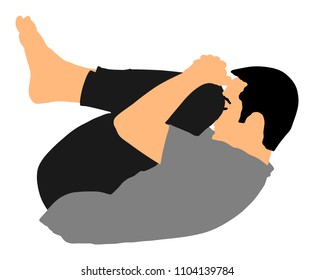 Sport man exercises yoga. Yoga pose vector illustration isolated. Active boy in gym stretching and worming up. Health care activity. Lying down exercise in rehabilitation center. Medical treatment.