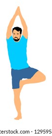 Sport man exercises yoga. Yoga pose vector illustration isolated. Active boy in gym stretching and worming up. Health care activity. Stand on leg exercise in rehabilitation center. Medical treatment.