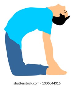Sport man exercises yoga. Yoga pose vector illustration isolated. Active boy in gym stretching and worming up. Health care activity. Lying down exercise in rehabilitation center. Medical treatment.