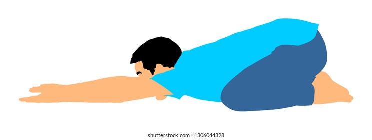 Sport man exercises yoga pose vector illustration. Active boy in gym stretching and worming up. Health care activity. Lying down exercise in rehabilitation center. Medical treatment. Muslim prayer man