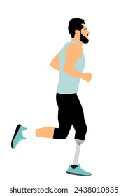 Sport man marathon runner with prosthetic leg vector illustration isolated on white. Disabled sport boy active life. Sportsman with amputated prosthesis leg strong will. Medical aid artificial leg.