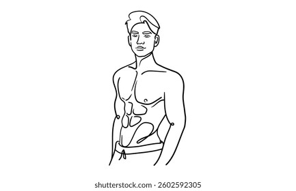 Sport man narcissist, admires himself on white background. Line art drawing. Sport guy model. Vector illustration