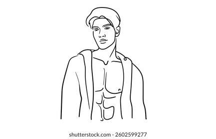 Sport man narcissist, admires himself on white background. Line art drawing. Sport guy model. Vector illustration