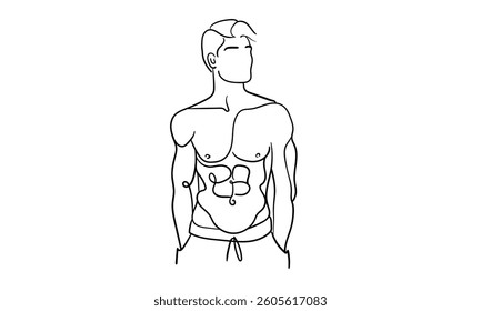 Sport man narcissist, admires himself on white background. Sport guy model line art drawing. Vector illustration