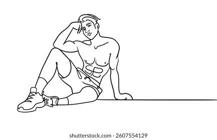 Sport man narcissist, admires himself on white background. Sport guy model line art drawing. Vector illustration