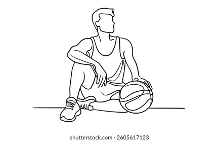 Sport man narcissist with ball, admires himself on white background. Sport guy model line art drawing. Vector illustration