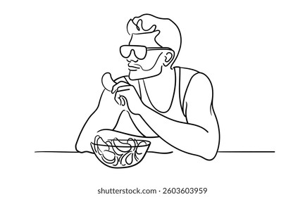 Sport man narcissist with black glasses, admires himself on white background. Sport guy model line art drawing. Vector illustration