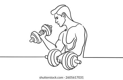 Sport man narcissist with sports dumbbells, admires himself on white background. Sport guy model line art drawing. Vector illustration