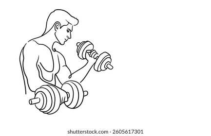 Sport man narcissist with sports dumbbells, admires himself on white background. Sport guy model line art drawing. Vector illustration