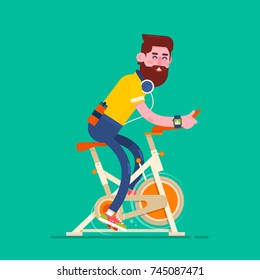 Sport man on a exercise bike.Training apparatus for legs. Male on Stationary bike. Fitness design over beige background, flat vector illustration.