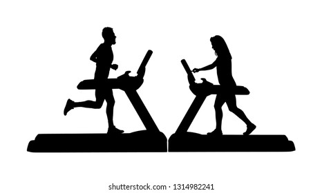 Sport man running on treadmill in gym vector silhouette. Boy on running track cardio training. Fitness lady instructor personal trainer workout. Woman Exercise on simulator. Couple sport activity.