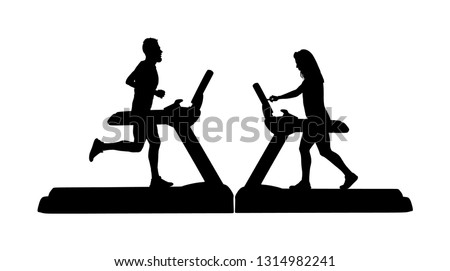 Sport man running on treadmill in gym vector silhouette. Boy on running track cardio training. Fitness lady instructor personal trainer workout. Woman Exercise on simulator. Couple sport activity.