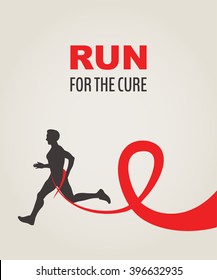 Sport Man Running Red Ribbon, AIDS  Awareness. RUN FOR CURE