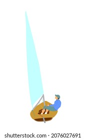 Sport man sailor on sail boat vector illustration isolated on white background. Sailing by wind. Race competition member on water. Skipper wind surfing on ship. Boy enjoy in outdoor summer activity.