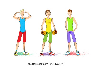 Sport man set fitness trainer hold dumbbells, athletic show bicep muscles muscle isolated over white background, vector illustration