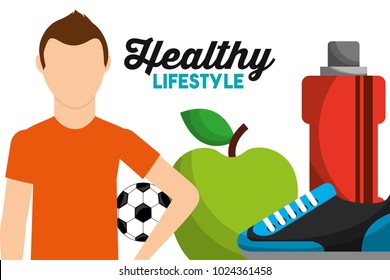 sport man with soccer ball apple bottle water sneaker healthy lifestyle