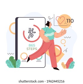 Sport Man Using Phone For Counting Steps. Step Mobile Phone App Counter Pedometer Activity Heart Rate Monitoring. Vector Flat Graphic Design Cartoon Midern Style Illustration