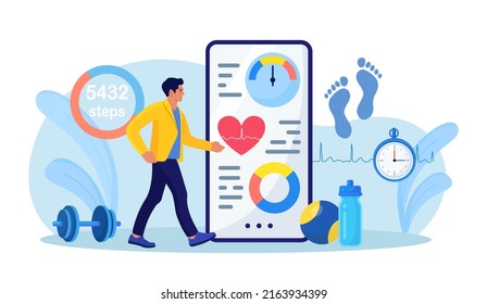 Sport man using phone for counting steps. Step counter and pedometer activity app measurement. Person doing cardio training with heart beat monitoring device with daily footsteps information