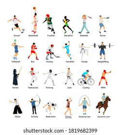 Sport man vector collection in different sport discipline. Big set active sport people illustration. Athlete skills. Health care concept. Training and work out in gym or outdoor.