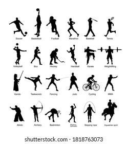 Sport man vector silhouette collection in different sport discipline. Set active sport people shape illustration. Athlete skills. Health care training and work out in gym, outdoor. Sportsman shadow.