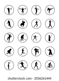 Sport man vector silhouette collection in different sport discipline. Big set active sport people illustration. Athlete skills. Health care training, work out in gym. Ball sports, fight, individual...