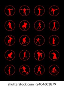 Sport man vector silhouette collection in different sport discipline. Big set active sport people illustration. Athlete skills. Health care training, work out in gym. Ball sports, fight, individual...